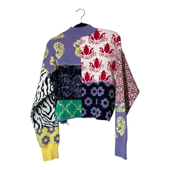 Steve Madden x BB Dakota Mixtape Mock Neck Sweater Colorblock DIY Crop Eclectic - Picture 3 of 6